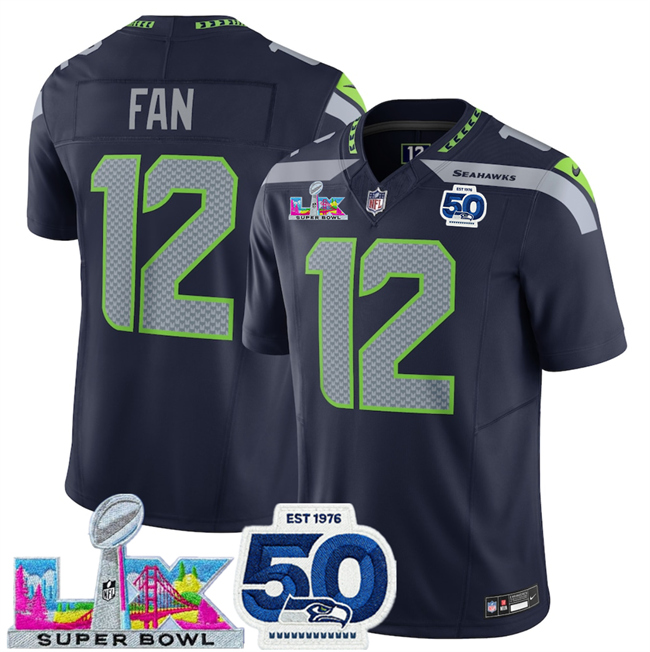 Men's Seattle Seahawks #12 Fan Navy 2025 F.U.S.E. Super Bowl LX Patch And 50th Season Patch Vapor Limited Stitched Football Jersey